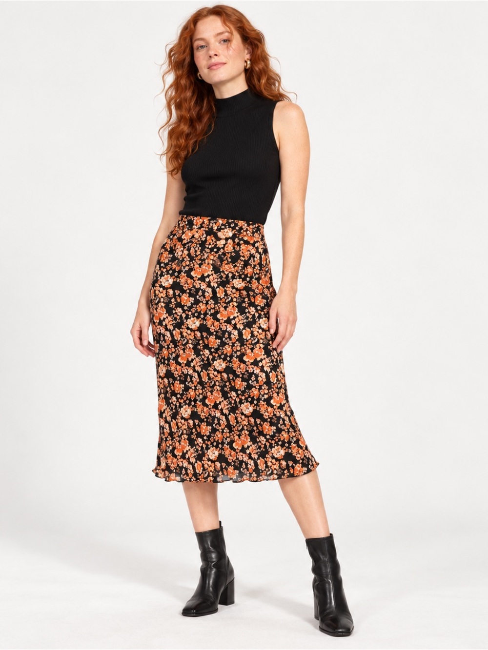 Baum und Pferdgarten Sanne Black Orange Floral Midi Skirt US 6 Small